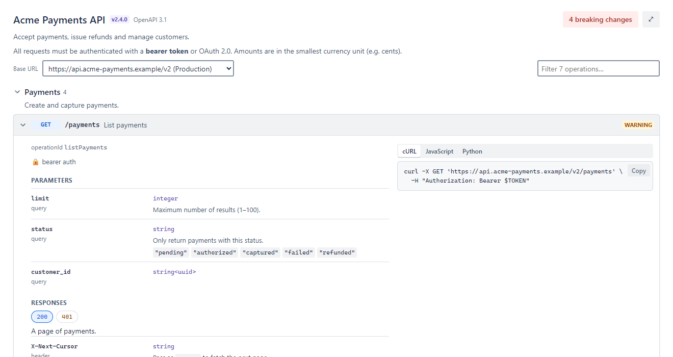 Expanded GET /payments operation with parameters, response schema and a cURL sample